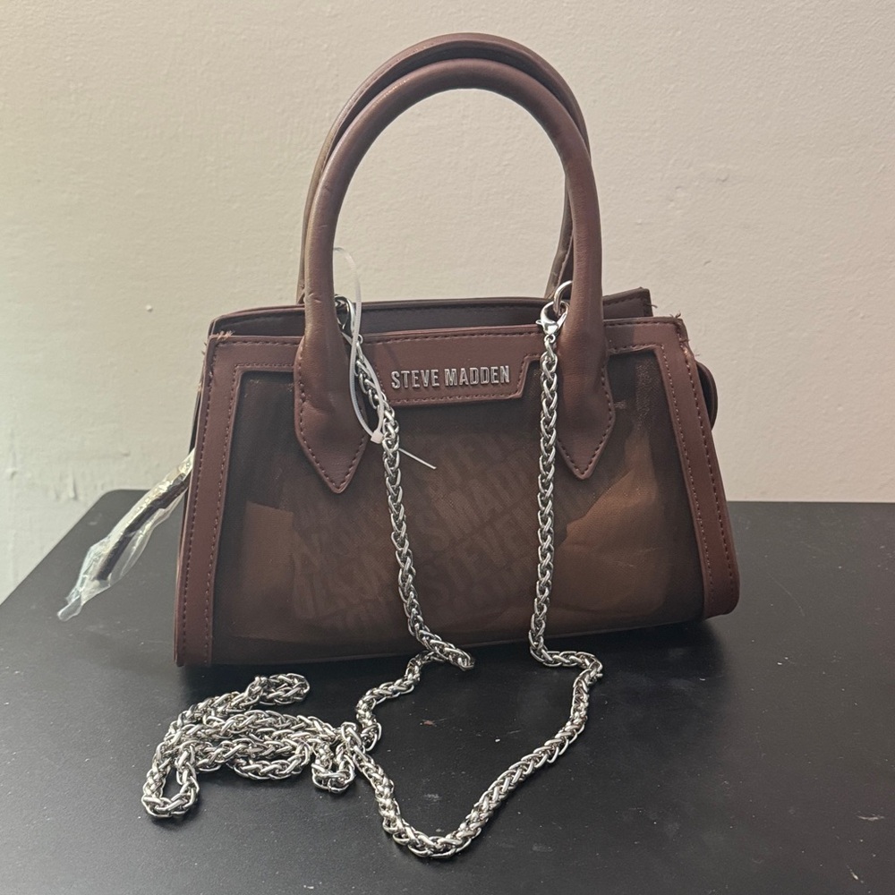 Steve Madden Brown Mesh Mini Satchel with Chain Strap